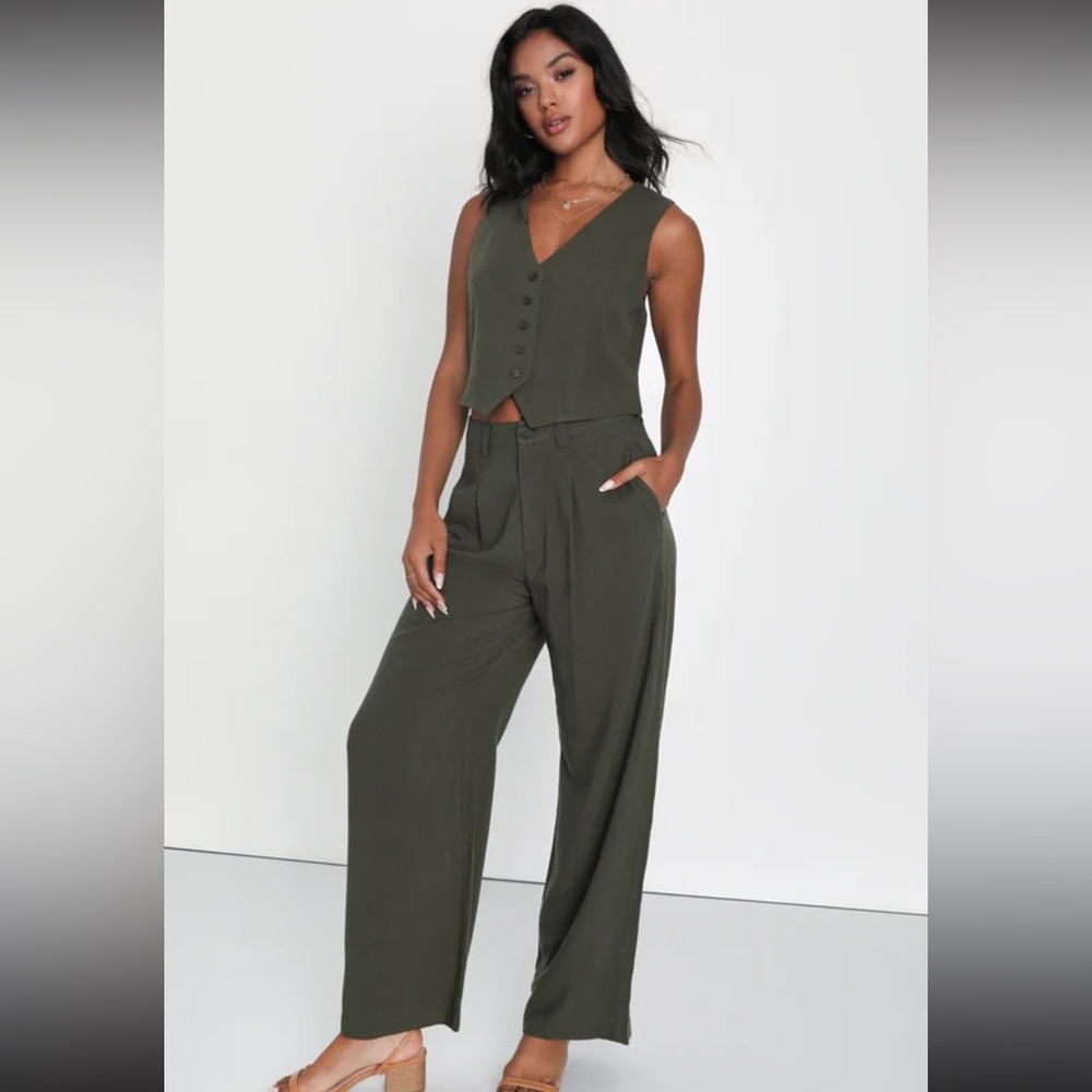 Suits You Perfectly Olive Green Linen Wide Leg Pant & Linen Vest Set